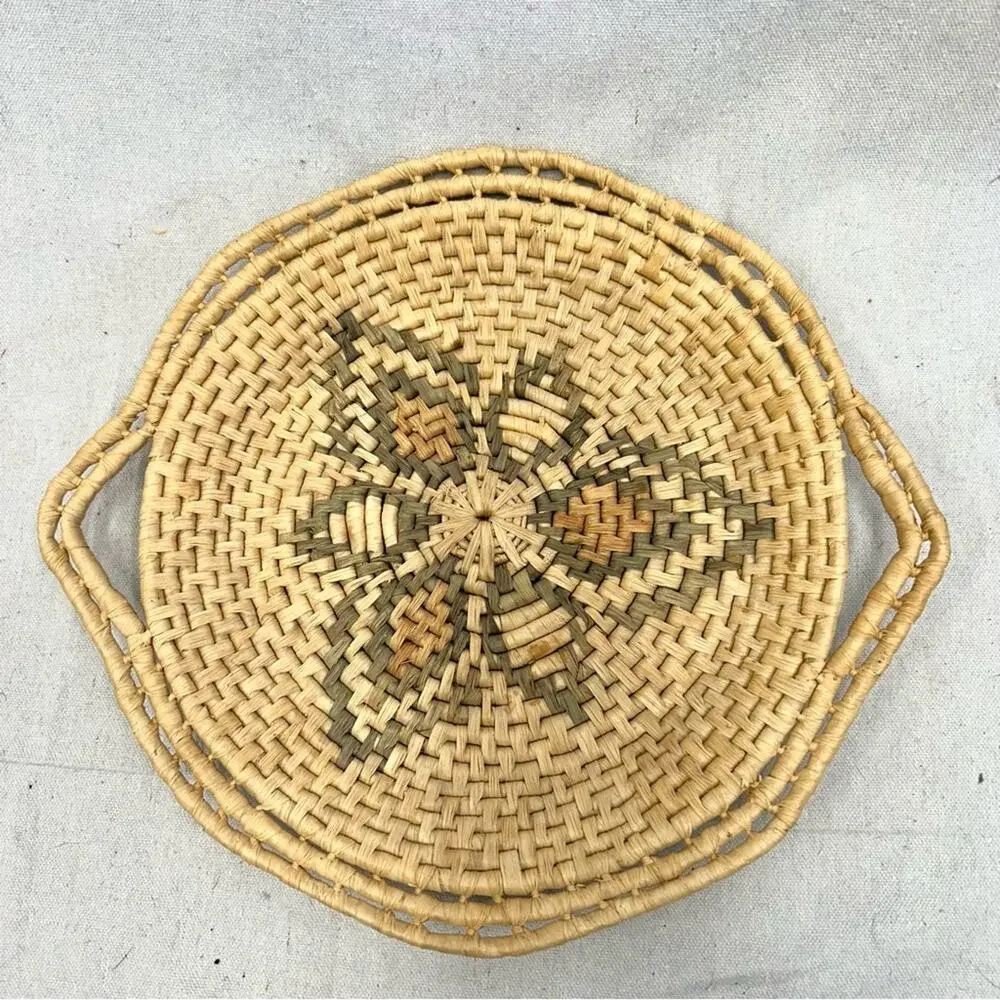 Vintage set of 2 southwest boho woven wicker basket/tray in natural & greens‎